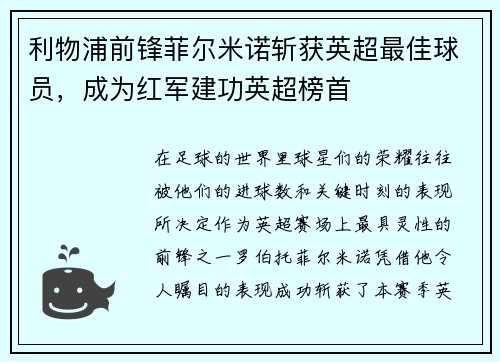 利物浦前锋菲尔米诺斩获英超最佳球员，成为红军建功英超榜首