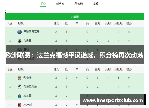 欧洲联赛：法兰克福憾平汉诺威，积分榜再次动荡